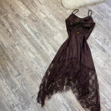 Brown Vintage Elegant Exquisite Floral Beading Spaghetti Strap Long Satin Lace Ball Gown Evening Dress Birthday Party Dress Prom Dress HZ1023