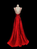 Red shiny fashion elegant V-neck long mermaid slim fishtail skirt satin floor-length train ball gown evening dress party dress prom dress HZ1023