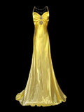 Yellow Fashion Elegant V-neck Exquisite Gem Long Mermaid Slim Fishtail Skirt Satin Floor Length Train Ball Gown Evening Gown Party Gown Prom Dress HZ1023