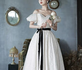 White Elegant Fashion Elegant Textured Long Satin short sleeves Floor-Length Prom Dress Evening Dress Princess Graduation Dress Adult Ceremony Dress HZ1023