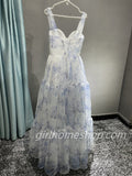 Blue white beautiful charming floral print sweetheart neckline A-line long chiffon ball gown evening dress wedding holiday party dress HZ1023