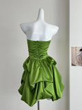 Green cute sweet tube top short satin homecoming dress birthday party dress holiday small dress HZ1023