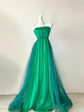 Green unique gradient fashion elegant long chiffon tulle floor-length ball gown evening gown ball gown HZ1023