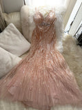 Pink Gorgeous Shiny Exquisite Beaded Spaghetti Strap V-Neck Long Sequin Chiffon Ball Gown Evening Gown Party Dress HZ1023