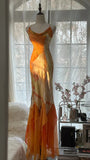 Orange Delicate Floral Spaghetti Strap Long Satin Chiffon Ball Gown Evening Dress Party Dress HZ1023