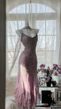 Pink Purple Elegant Romantic Exquisite Beaded Long Chiffon Ball Gown Evening Dress Birthday/Wedding Guest/Holiday Party Dress Prom Dress HZ1023