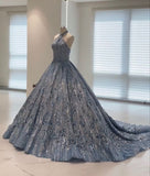 Blue shiny fashion exquisite beaded suspender long elegant tulle ball gown evening dress HZ1023