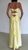 Yellow Fashion V-neck Spaghetti Straps Elegant Long Satin Back lace-up Ball Gown Evening Dress Party Dress HZ1023