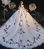 White gorgeous delicate rose applique long A-line tulle ball gown evening gown wedding dress HZ1023