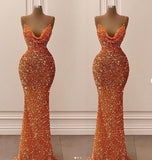 Orange gorgeous shiny V-neck mermaid slim spaghetti straps long sequined ball gown evening dress party dress HZ1023