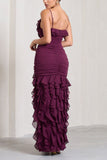Purple Elegant Sexy Spaghetti Strap Ankle Length Chiffon Ruffle prom Evening Dress Party Dress HZ1023