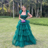 Hunter Green/Emerald Green A-Line Strap Tulle Tiered Long Prom Dress Party Dress HZ1023