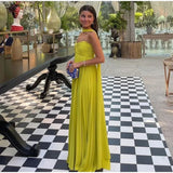 Yellow green fashion simple elegant tube top off shoulder long chiffon ball gown party dress evening dress with scarf Prom Dress HZ1023