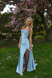 Blue Fashion Elegant Floral Long Satin Slit Prom Dress Evening Dress Wedding Guest Party Dress Graduation Dress HZ1023