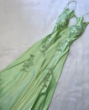 Green V-neck exquisite embroidery long satin ball gown evening dress HZ1023