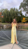 Yellow Fashion V-neck Spaghetti Straps Elegant Long Satin Back lace-up Ball Gown Evening Dress Party Dress HZ1023