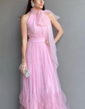 Pink suspender bow tulle long ball gown evening dress wedding guest dress bridesmaid dress HZ1023