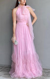 Pink suspender bow tulle long ball gown evening dress wedding guest dress bridesmaid dress HZ1023