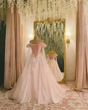 Pink Gorgeous Exquisite Floral Long Elegant Fairy Off-shoulder Tulle Ball Gown Evening Dress HZ1023