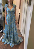 Blue elegant chiffon floral long prom dress evening gown garden party dress HZ1023