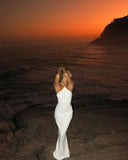 White fashion cross strap elegant simple long satin floor-length mermaid ball gown evening dress HZ1023