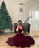 Burgundy Velvet V Neck Short Puff Sleeve Beaded A-Line Long Floor Length Ball Gown Evening Dress Christmas Party Dress HZ1023
