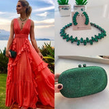 Orange fashion V-neck A-line tiered long elegant chiffon ruffle side slit ball gown evening dress wedding guest party dress HZ1023