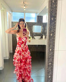 Hot Red Floral Print A-Line Backless Ruffle Long Chiffon Elegant Sexy Ball Gown Evening Dress Party Dress HZ1023