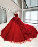 Red gorgeous elegant tube top floral long floor length trailing tulle ball gown evening gown wedding dress HZ1023