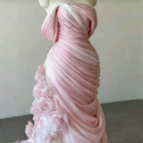 Pink gorgeous exquisite floral mermaid slim strapless long tulle floor-length ball gown evening wedding dress HZ1023