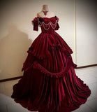 Burgundy Vintage Fashion Beaded Exquisite Lace Long Elegant Velvet Floor Length Princess Court Style Tiered Ball Gown Evening Dress HZ1023