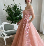 Off Shoulder Sweetheart 3D Flower Pleats Lace Pocket Tulle Prom Dresses Formal Wedding Party Gowns HZ1023