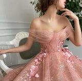 Off Shoulder Sweetheart 3D Flower Pleats Lace Pocket Tulle Prom Dresses Formal Wedding Party Gowns HZ1023