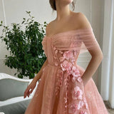 Off Shoulder Sweetheart 3D Flower Pleats Lace Pocket Tulle Prom Dresses Formal Wedding Party Gowns HZ1023