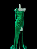 Green/blue/pink simple fashion elegant sweetheart neckline one shoulder long satin sexy slit floor-length ball gown evening dress prom dress HZ1023