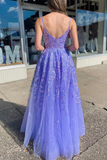 Lavender Tulle Sequin Scoop Neck A-Line Long Dress with Slit HZ1023