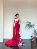 Red Elegant Delicate Floral Fashion Elegant Long Satin Tulle Mermaid Slim Fit Floor Length Trailing Ball Gown Evening Gown Prom Gown HZ1023