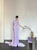 Romantic Purple Elegant Fashionable Elegant Long Satin Mermaid Slim Floor Length Train Ball Gown Evening Dress Prom Dress HZ1023