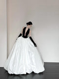 Black and white fashionable and elegant V-neck long satin A-line floor-length ball gown evening dress prom dress HZ1023