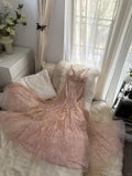 Pink Gorgeous Shiny Exquisite Beaded Spaghetti Strap V-Neck Long Sequin Chiffon Ball Gown Evening Gown Party Dress HZ1023