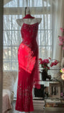 Red Romantic Gorgeous Fashion Elegant Exquisite Beaded Long Chiffon Ball Gown Evening Dress Birthday/Wedding Guest/Vacation Party Dress Prom Dress Valentine's Day Date Dress HZ1023