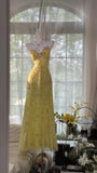 Yellow Gorgeous Exquisite Beaded Backless Spaghetti Strap Long Chiffon Ball Gown Evening Dress Birthday/Holiday Party Dress Prom Dress HZ1023