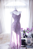 Light Purple Elegant Romantic Exquisite Beaded Long Chiffon Ball Gown Evening Dress Birthday/Wedding Guest/Holiday Party Dress Prom Dress HZ1023