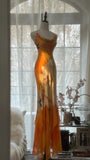 Orange Delicate Floral Spaghetti Strap Long Satin Chiffon Ball Gown Evening Dress Party Dress HZ1023