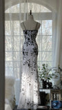 White Elegant Romantic Exquisite Black flowers Long Chiffon Ball Gown Evening Dress Birthday/Wedding Guest/Vacation Party Dress Prom Dress HZ1023