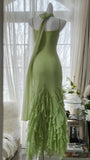 Green Stylish Elegant Spaghetti Straps Long Ruffled Mermaid Slim Fit Chiffon Ball Gown Birthday Party Dress Evening Dress Prom Dress HZ1023