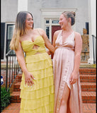 Yellow stylish elegant spaghetti straps long satin tiered ball gown formal evening dress party dress HZ1023