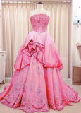 Pink Glitter Floral Beading Elegant Long Tulle Ball Gown Evening Dress Graduation Dress HZ1023