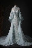 Blue Gorgeous Retro Fashion Elegant Floral Appliqu¨¦ A-Line Long Tulle Floor-Length Tail Evening Dress Prom Dress HZ1023