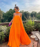 Orange Elegant Flowing A-Line Off Shoulder satin Long Ball Gown Evening Dress Wedding Guest Party Dress HZ1023